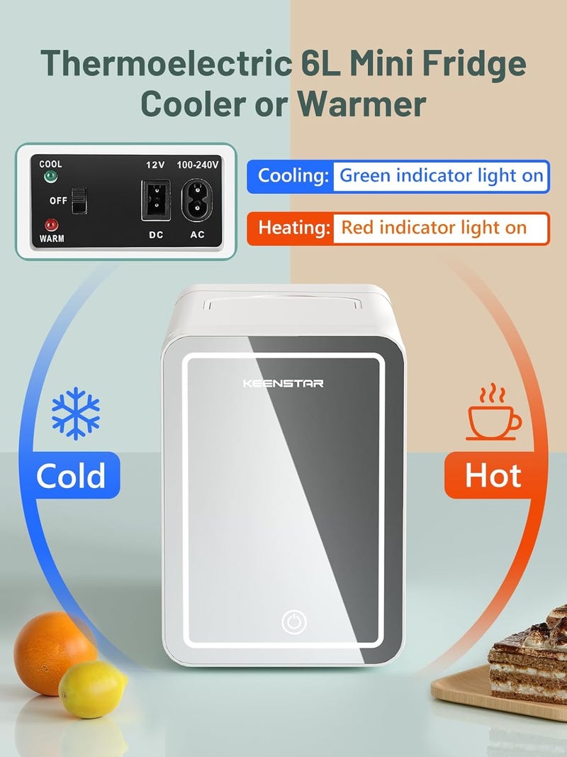 KEENSTAR Mini Skincare Fridge (6L/8 Can) with Dimmable LED Mirror, Cooler & Warmer for Bedroom, Cosmetics, Office, Dorm and Car, Portable Personal Refrigerator for Cosmetics, Skincare and Food, White - Image 4